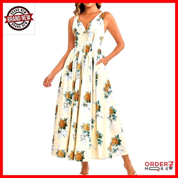 Summer Corset Midi Dress V Neck Flowy A Line Sleeveless with Pockets Elegant